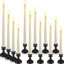 12 Pcs Flameless LED Taper Candles with Candlestick Battery Operated 8.5" 9.6" 10.8" 12.8" Flameless Flickering Candlesticks for Christmas Wedding(Black Holder & Ivory Candles)