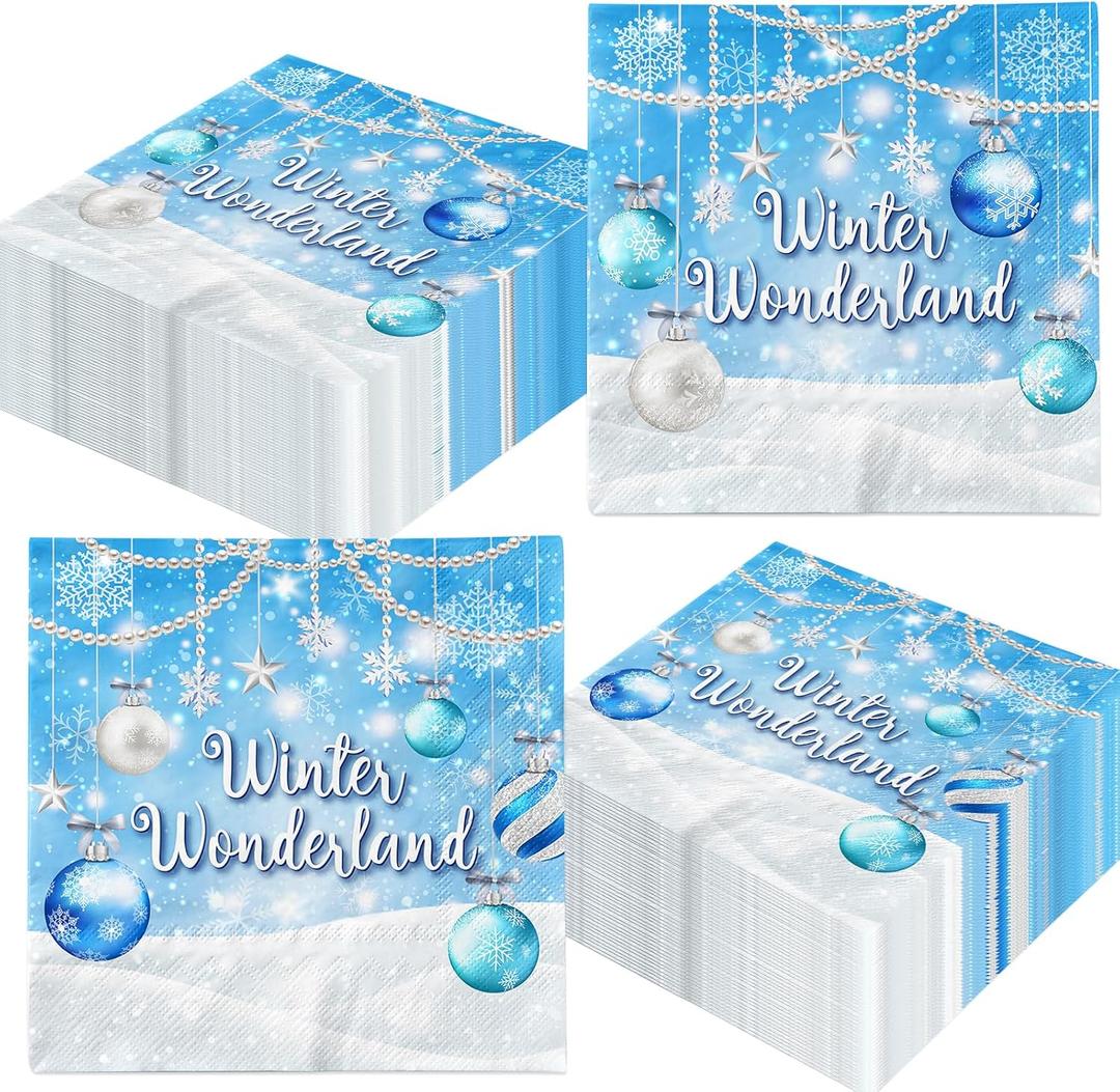 Winter Wonderland Napkins Blue Snowflake Winter Party Decorations Winter Wonderland Christmas Lights Snow Disposable Paper Napkins for Winter Wonderland Baby Shower Birthday Party Supplies