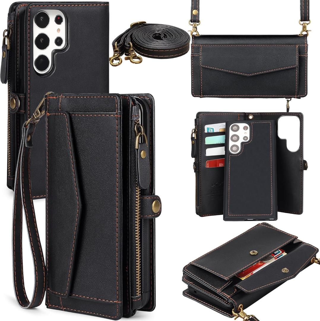 Compatible with Samsung Galaxy S26 Ultra Wallet Case for Women Men, Wireless Charging with RFID Blocking Card Holder, PU Leather Crossbody Strap Detachable Magnetic Phone Cover, Black