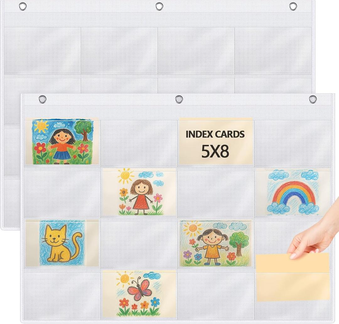 2 Pcs Index Card Holder Sleeve Card Slots Organizer Holder, Pocket Chart, Oxford Note Sleeve, Hanging Wall Mount Pocket for Studying, Organizing, Office, Library Tracking(5" X 8" 16 Slots)