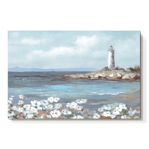 cozy country Lighthouse Wall Art 36"x24" - Coastal Pictures Beach Canvas Ocean Decor - Nautical Artwork Seascape Hand Painting for Bedroom, Sea House