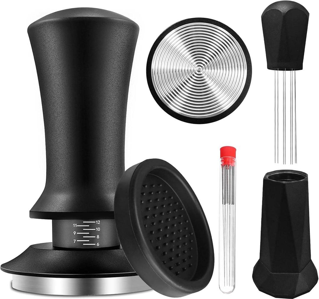 58mm Espresso Tamper, Espresso Accessories, Coffee Tamper with Espresso Distribution Tool, Wdt Tool Espresso, Espresso Tamper with Silicone Mat, Stainless Steel Base Tamper for Espresso Coffee Machine (Black4)