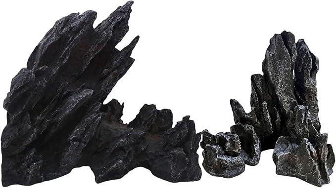 Saim Extra Large Aquarium Decor, Massive Artificial Mountain Rock Landscape, 2 Pack Jagged Canyon Rock Formation Mountain Hill View Stone Ornament Set for Betta Cichlids Hideaway Hideout