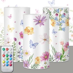 ROCEEI 3 Pcs Spring Candles Wildflower Flameless LED Lights with Timer Battery Operated Flickering Real Wax Candles with Remote Floral Gifts Spring Decoration for Wedding Table Ornament Home Decor