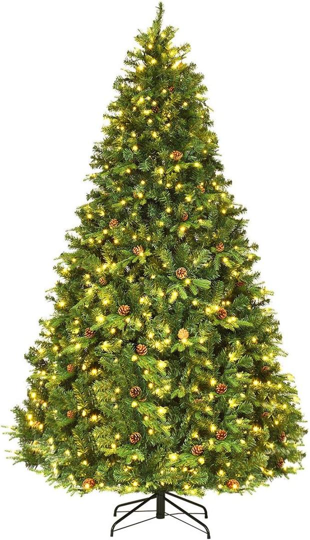 8ft Pre-Lit Artificial Christmas Tree, Premium Spruce Hinged Tree 600 LED Lights and Pine Cones, Xmas Tree for Holiday Indoor Décor, CM20637