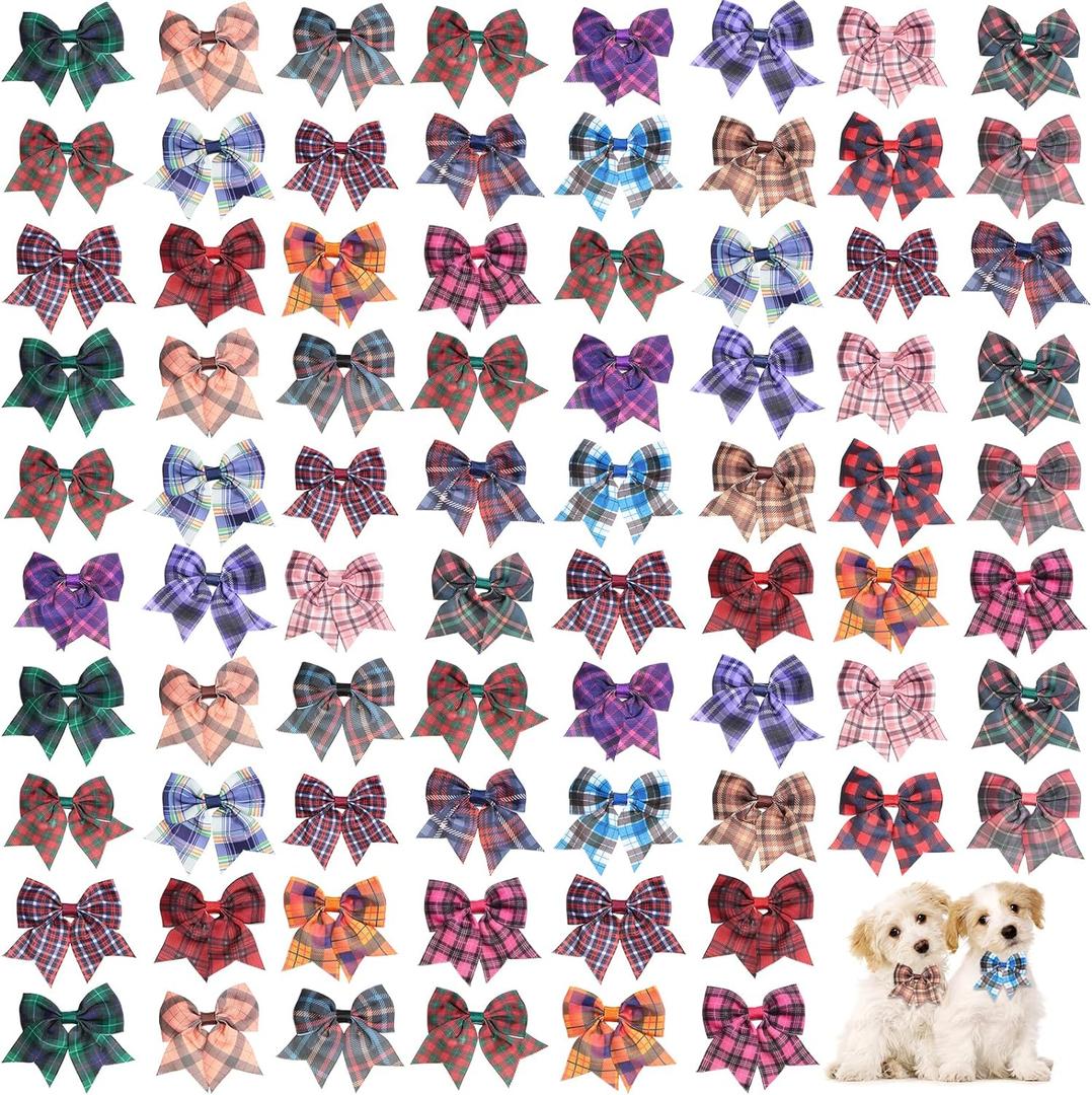 Wesiti 80 Pcs Dog Bows Ties for Small Dogs Assorted Pattern Pet Bowtie Collar Bows Cat Bowtie Collar Bowknot for Small Medium Puppy Pet Photography Grooming Party(Plaid Bowknot)