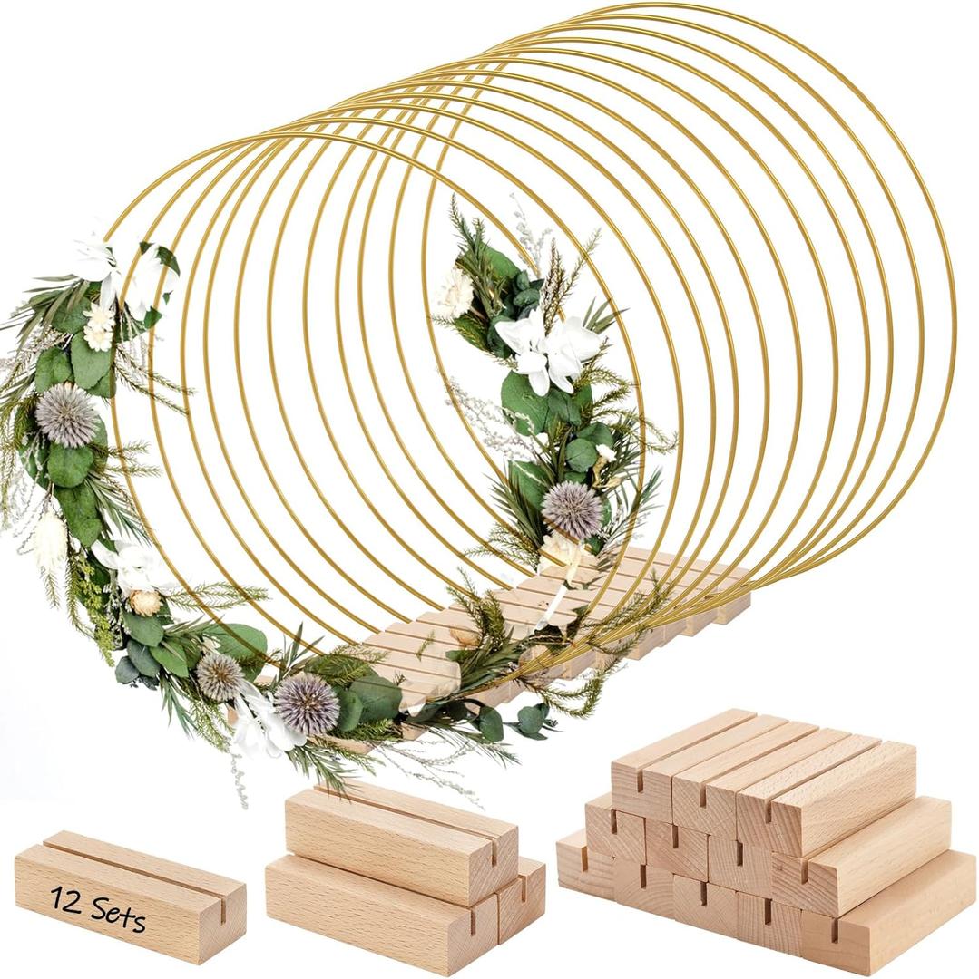 ZOOFOX 12 Pack Metal Floral Hoop Centerpiece with Stand, 12 Inch Large Metal Hoop for Crafts, Wreath Macrame Gold Hoop Rings for DIY Wedding Decor Dream Catcher