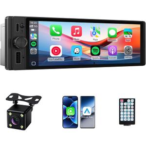 Single Din Car Stereo, 6.28 Inch Wireless CarPlay&Android Auto Single Din Touchscreen Radio-Incell Car Radio Screen MirrorLink Type-C Charge Head Unit Supports Bluetooth/SWC/FM/USB/EQ Backup Camera