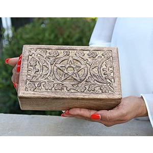 DharmaObjects Hand Carved Jewelry Trinket Keepsake Wooden Storage Box (Triple Moon, Large) Hamsa 8x5