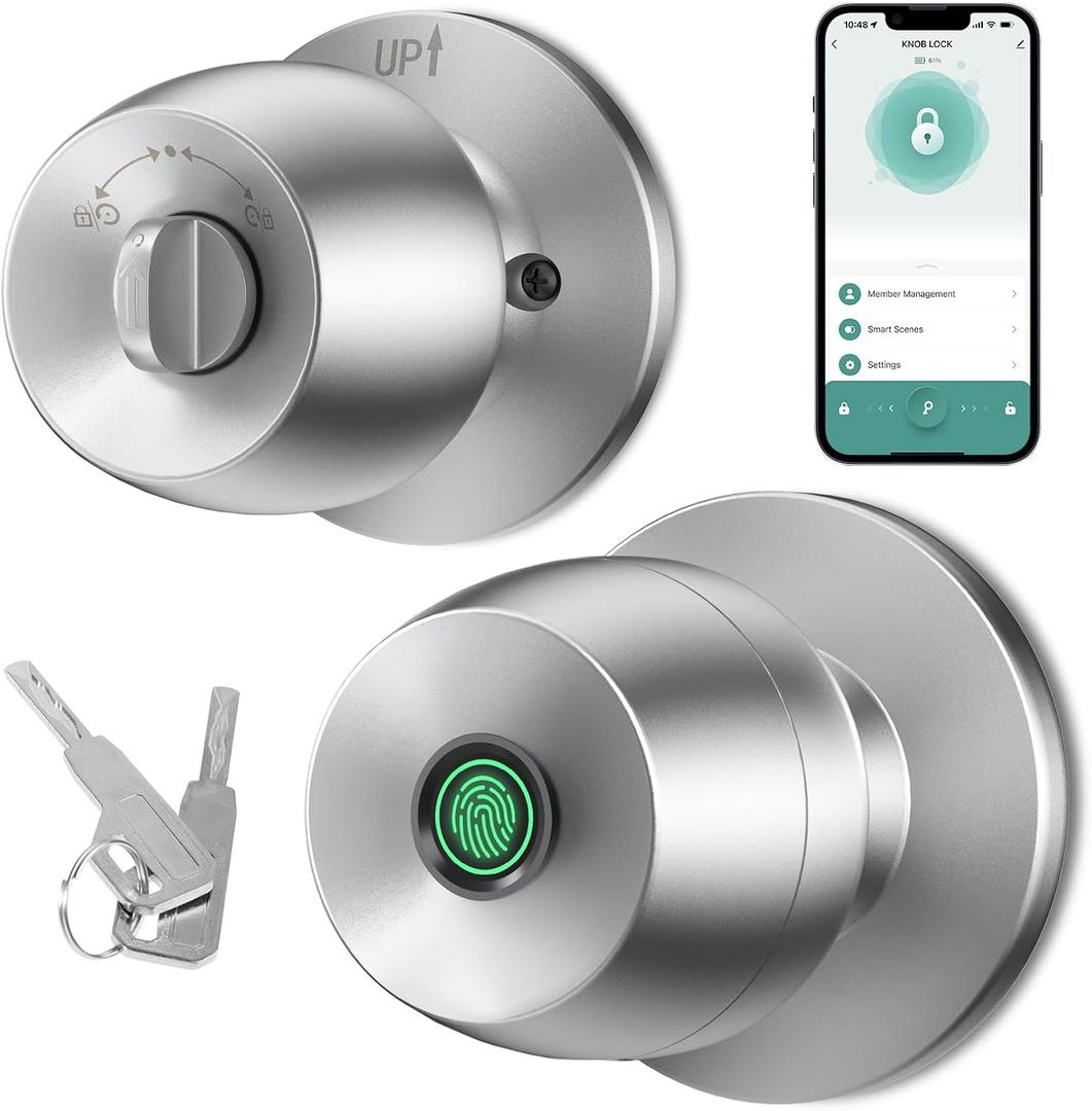 Fingerprint door knob, smart door knob, intelligent biometric fingerprint door lock, keyless entry, controllable via app, suitable for bedrooms, storage rooms, apartments, offices, hotels (silver)