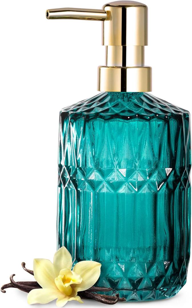 EMPO Clear Glass Soap Dispenser with ABS Plastic Pump, Crystal Lotion Dispensers for Kitchen Sink, Bathroom (Ocean Teal) (Standard)