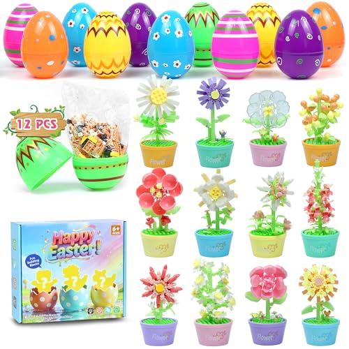 Easter Basket Stuffers Essentials, 12 Pcs Mini Animal Building Blocks with Easter Eggs, Building Blocks for Teens Kids Girls Boys Egg Hunt Prizes, Party Favors and Classroom Gifts (Easter - Flower A)