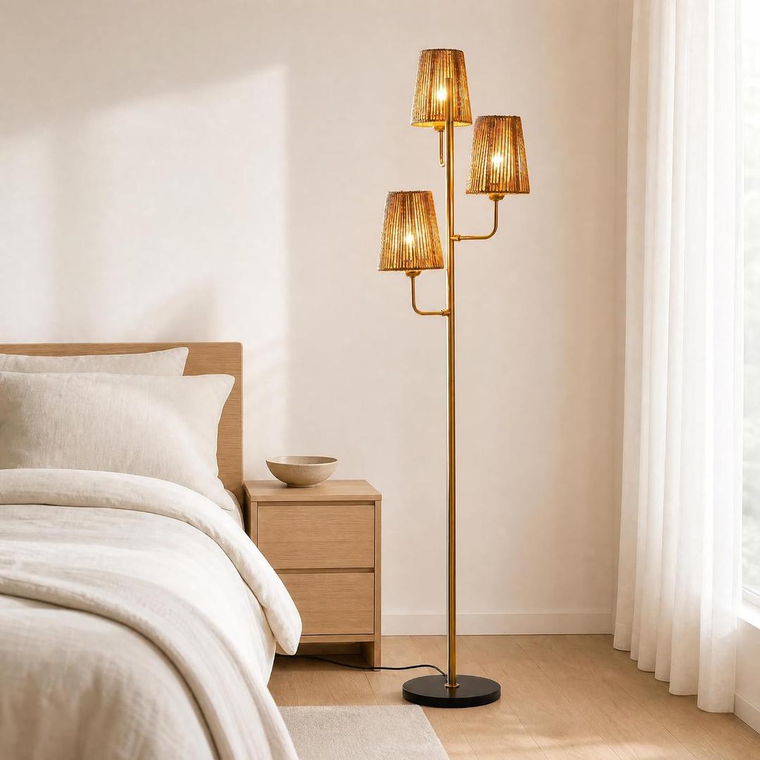 XZHGCEE Rattan Floor Lamp for Living Room:3 Light Boho Floor Lamp for Bedroom, Gold Standing Lamp with Foot Switch, Coastal Rustic Tall Lamp, No Bulb