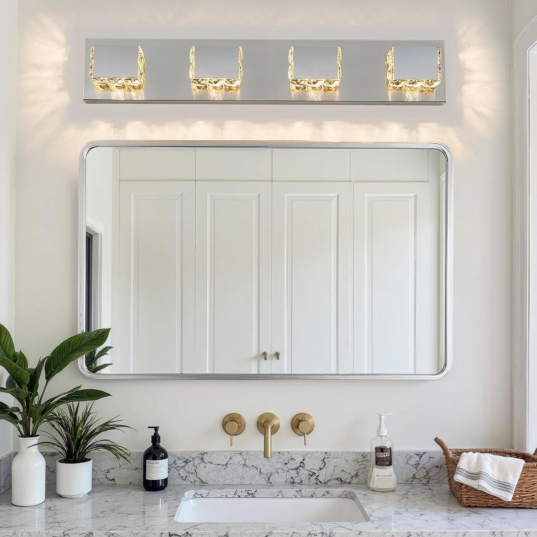 4-Light Bathroom Light Fixtures,Modern Crystal Bathroom Vanity Lights Fixture Over Mirror, Crystal 4 Lights Wall Sconce for Mirror Bedroom, Living Room