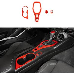 for Camaro Gear Shift Panel Trim, 4PCS Center Console Cup Holder Cover Cigarette Lighter Decoration Frame Compatible with 2017-2023 Chevrolet Chevy Camaro Interior Accessories, Red