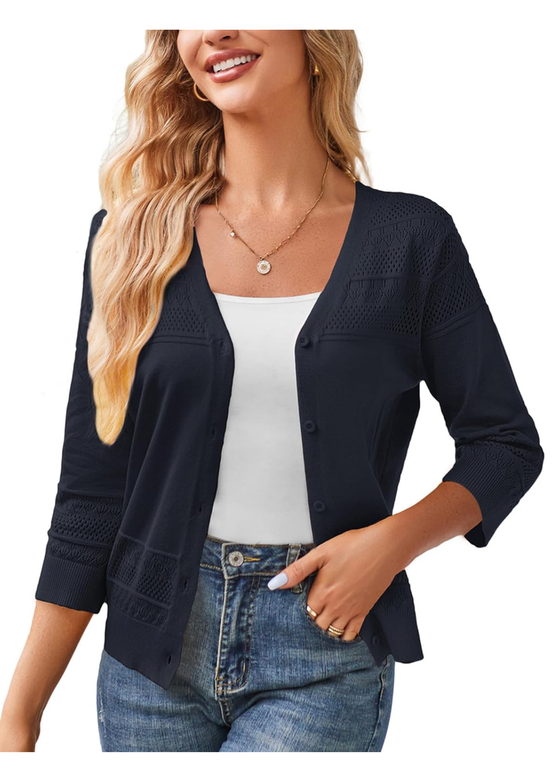 GRACE KARIN Women's 2025 Cropped Cardigan 3/4 Sleeve Lightweight Crochet Shrug Hollowed-Out Knit Sweater Tops Size L