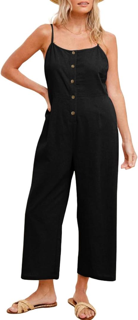 HOTIAN Womens Linen Cotton Overalls Straps Jumpsuits Casual Loose Jumpers 2025 Baggy Rompers (Small, Black)