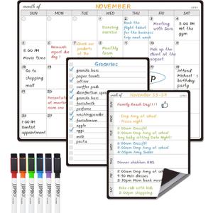 JJPRO Magnetic Monthly Calendar Whiteboard Set for Fridge-Monthly Planning Board and Two Bonus Dry Erase Grocery Board&Weekly Menu Board-Meal Planner Whiteboard/to-Do List-6 Markers