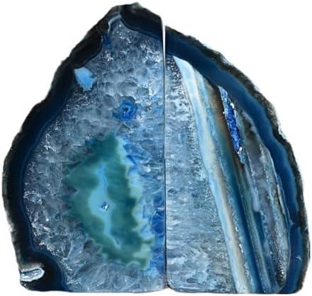 Nature's Decorations Agate Bookends - A Quality Blue Geode with Non-Skid Rubber Bumpers for Shelves, Office, Home Decor - Heavy Duty Cool Crystal Stone Book End Pair for Decoration (3-4 LB)