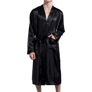 Previn Men's Satin Kimono Robe Long Spa Bathrobes Luxurious Silk Long Sleeve Loungewear (XX-Large, Black)