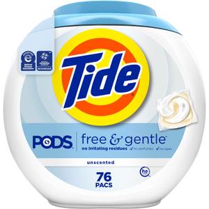 Tide PODS Free & Gentle Laundry Detergent Soap Pacs, HE Compatible, Unscented, Gentle on Skin, 76 Count, Tide PODS Laundry Detergent