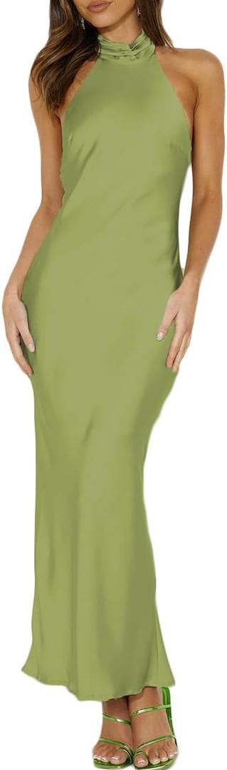 Phicia Sexy Satin Halter Neck Backless Maxi Dress for Women Elegant Tie Cowl Back Formal Wedding Guest Dress for Summer (Small, Olive)