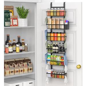 Over The Door Pantry Organizer, 6-Tier Metal Pantry Organization and Storage for Kitchen with Adjustable Shelves, Hanging Spice Seasoning Rack, Black