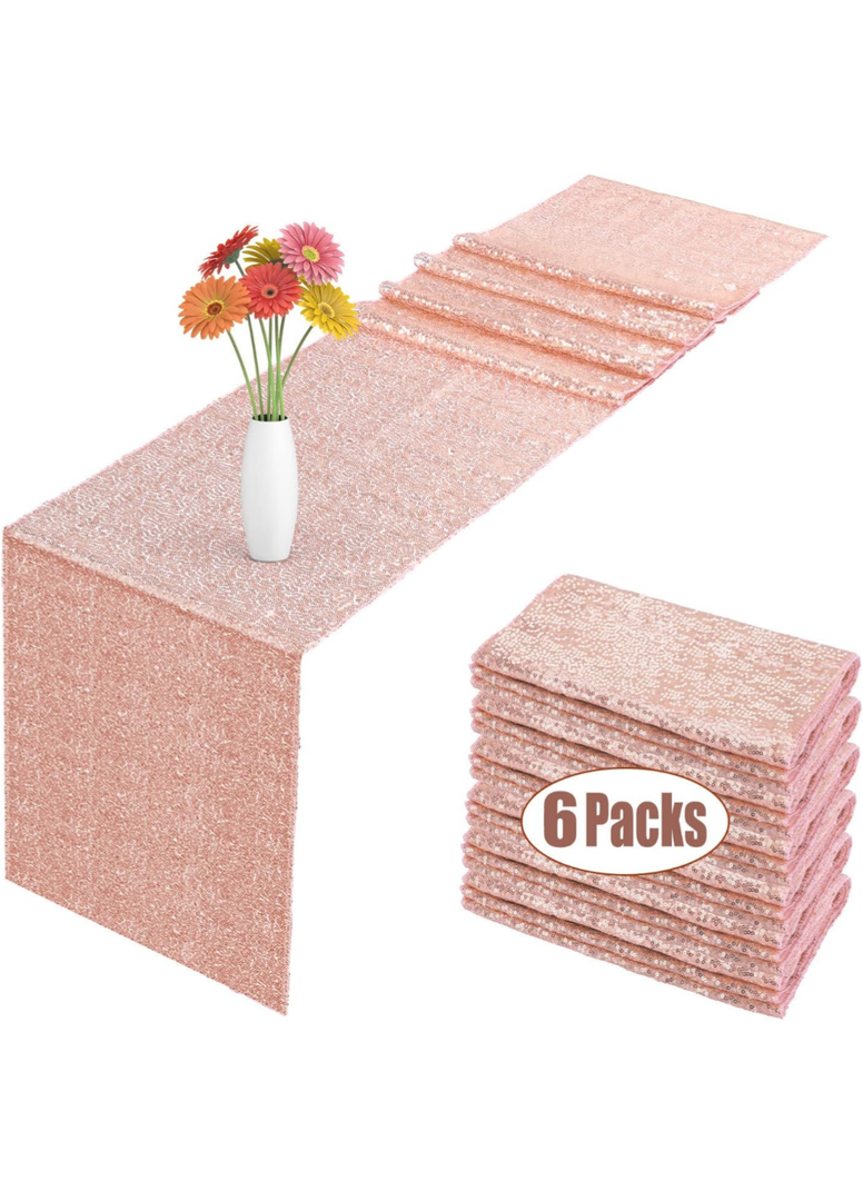 6 Pack Sequin Table Runner Rose Gold  Glitter Rose Gold Table Runner for Rectangle Table for Birthday, Wedding, Banquet, Holiday Party Decorations & Baby Shower