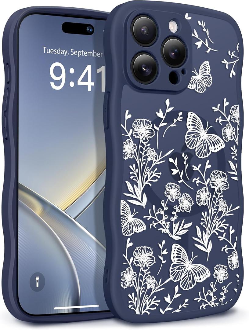 GVIEWIN for iPhone 15 Pro Case Compatible with MagSafe [Curly Wave Edge][Full Camera Protection] Floral Translucent Shockproof Magnetic Women Phone Case for iPhone 15 Pro 6.1'', Tuberose/Blue