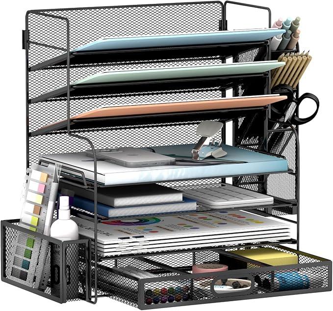 JIIAUSS 7 Tier Desk File Organizer Office storage Desk Accessories, Desktop Organizer for Office Supplies with Drawer and 2 Pen Holders (Black)