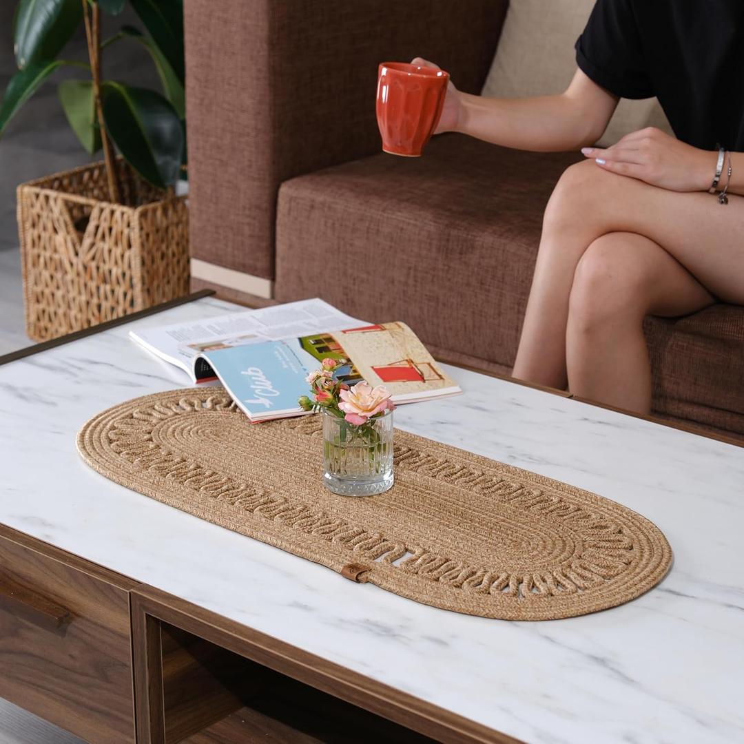 Oval Jute Table Runner | Woven Braided Dining Runner | Natural Textured Rattan Table Runner for Dining Table Coffee Table or Patio 11.8 x 27.5 (Standart)