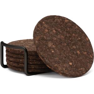 Thirstystone Set of 6 Thick Dark Cork Coasters in Attractive Black Coaster Holder 4.7" Round Durable Absorbent Easily Wipes Clean