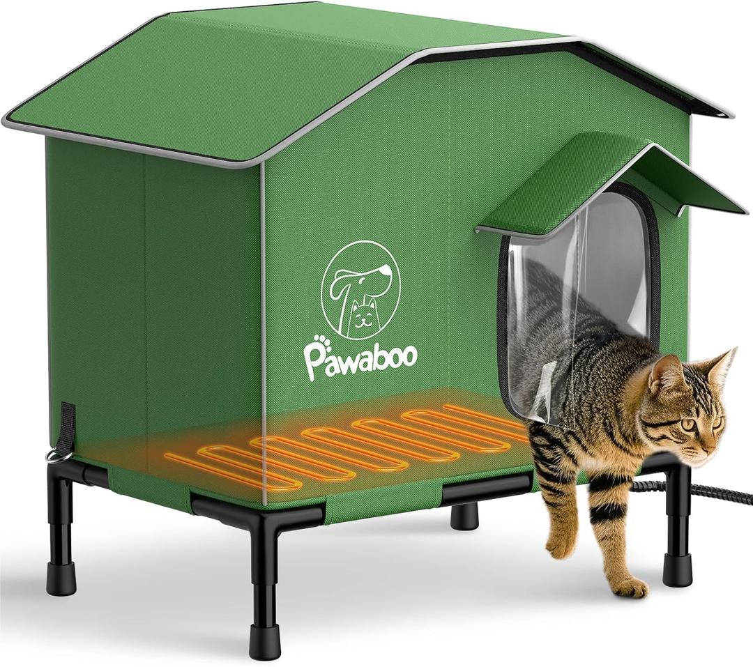 Pawaboo Heated Cat House for Outdoor in Winter, Weatherproof Cats Shelter for Outside with Waterproof Awning & Elevated Base, Insulated Outdoor Cats House with Heater for Feral Barn Cat (S+20.9x19.3x12.6in, Green)