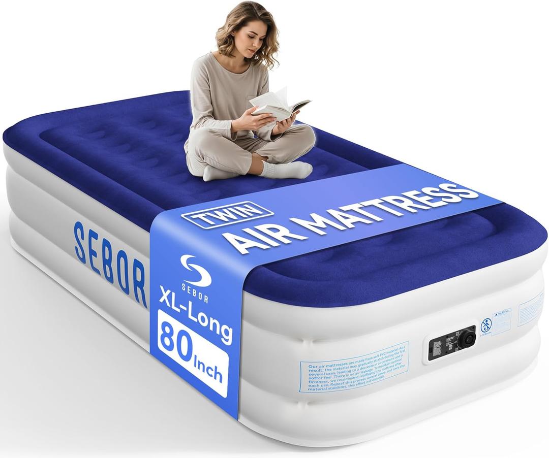 Sebor Air Mattress Twin with Built-in Pump 18", Comfortable Self-Inflating Air Mattress with High-Speed Pump, Durable Blow Up Mattress Twin with Storage Bag for Guests, Camping, Travel (Blue White)