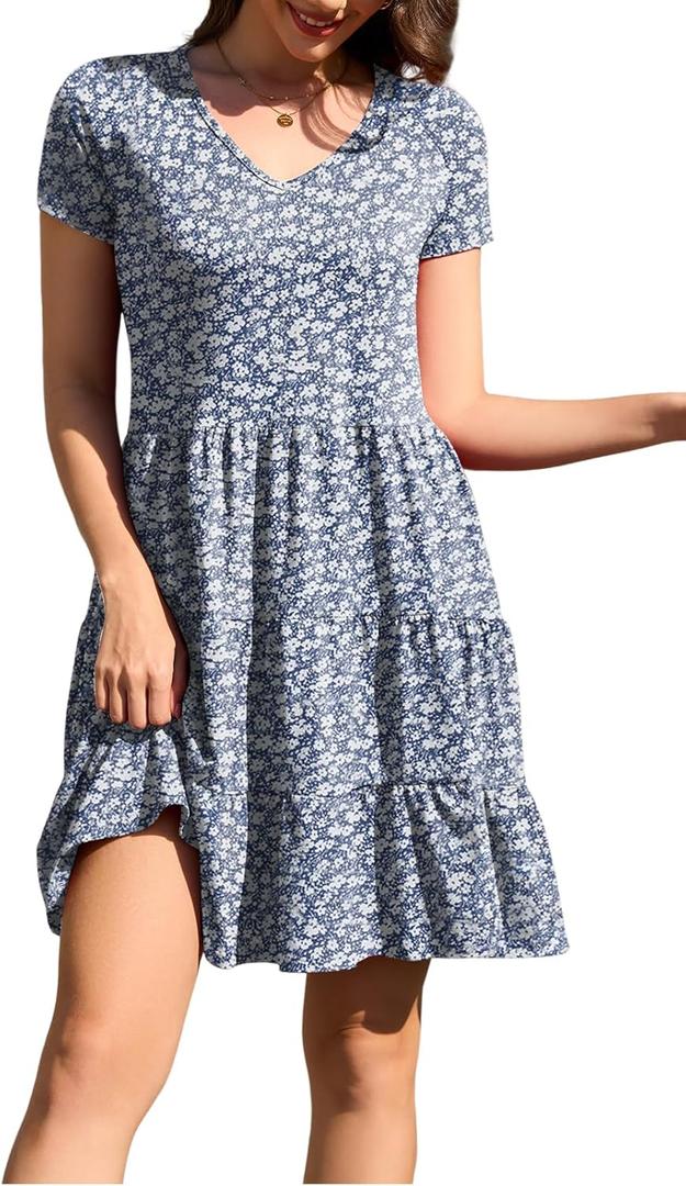 nclook Womens Summer Casual Dress Sweet Cute V Neck Mini Dress with Pocket Short Sleeve (X-Large, Floral Blue)