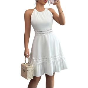 SweatyRocks Women's Ruffle Backless Lace Dress Halter Sleeveless Summer Dresses (Medium)