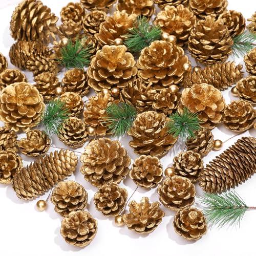 Whaline Christmas Pine Cone Berry Pine Branch Set Pinecone Pendant Gold Winter Ornament for DIY Craft Home Decor Xmas Tree Gift Tag Party Supplies, Assorted Sizes