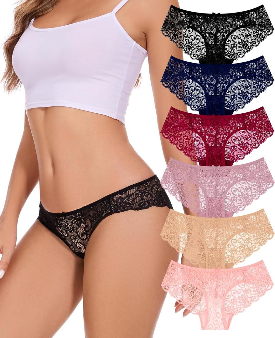 Sunm Boutique Sexy Underwear for Women, Cheeky Womens Lace Panties, Seamless Bikini for Ladies (6 Pack - Black/Blue/Wine Red/Dusty Pink/Nude/Light Pink)