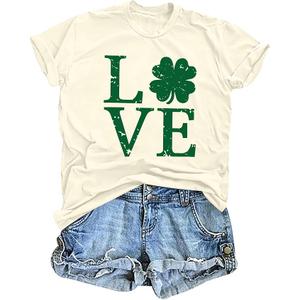 Love Shamrock Graphic St Patrick's Day Cute T-Shirt Women's Lucky Clover Irish Tees Short Sleeve Casual Tops M