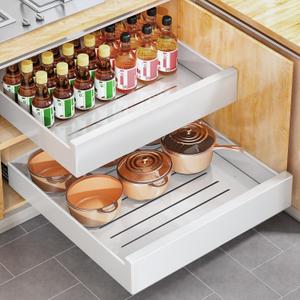 Pull out Cabinet Organizer,21"Deep, 16.9"Wide Large Heavy Duty Slide out Drawers Fixed with Adhesive Nano Film,Roll Out Shelf Sliding Cabinet Storage for Kitchen,Bathroom,Pantry,Under Sink(White)