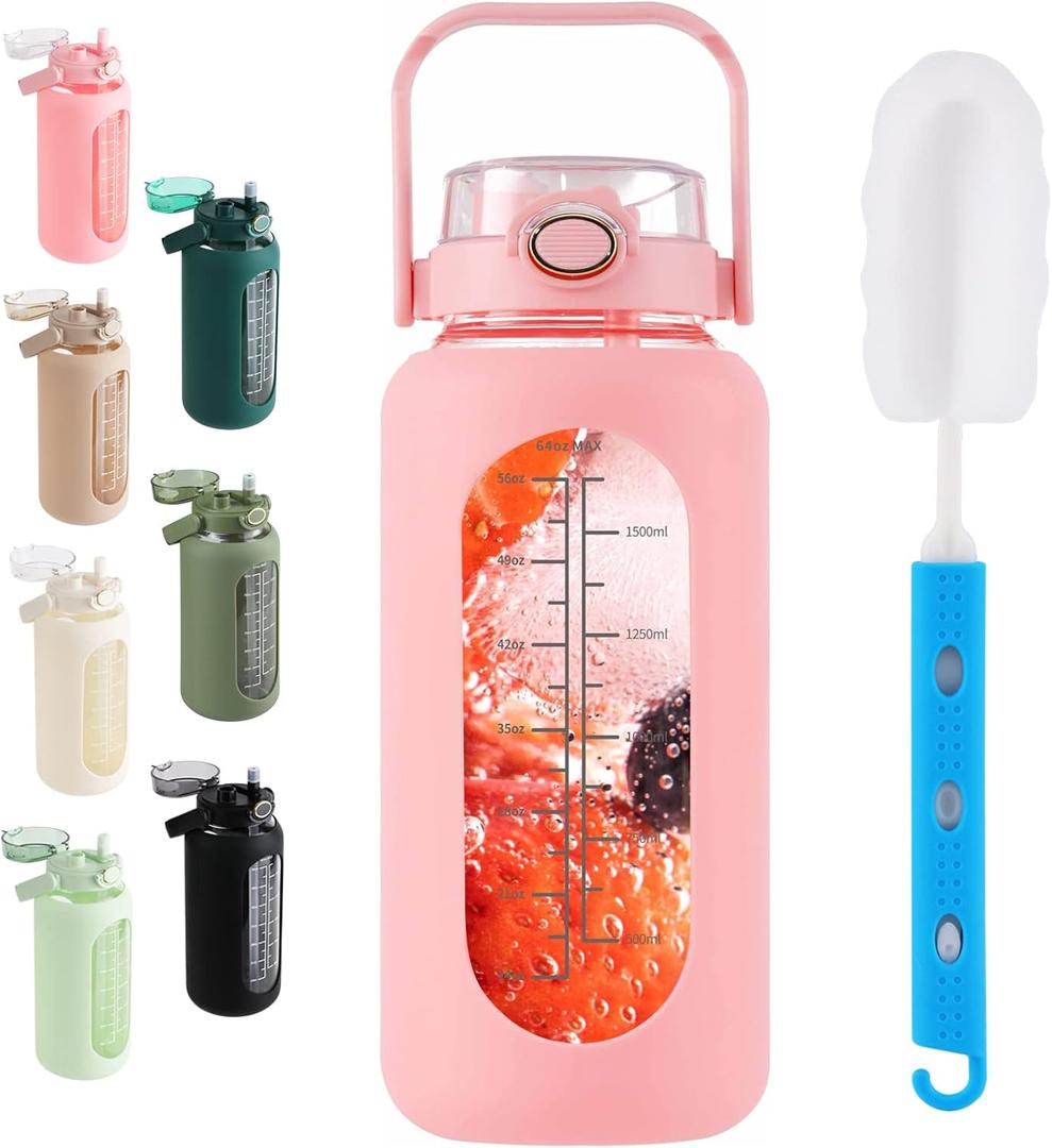 Glass Water Bottle with Straw and Handle Lid Half Gallon Motivational Glass Bottle with Silicone Sleeve and Time Marker Large Reusable Sports Water Jug for Gym Home Workout (64 Ounces, Pink)