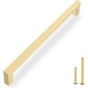 QOGRISUN 2 Pack Solid Brass Cabinet Pulls, 12-3/5 Inch Hole Center, Brushed Matte Gold Square Drawer Handles, Modern Brass Hardware for Kitchen Dresser Bathroom Cupboard Furniture