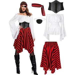 Cosrea Pirate Costume Adult Women Renaissance Shirt Bandana Corset Waist Belt Eye Patch Halloween Pirate Queen Outfit (Medium, White)