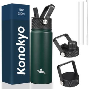 18 oz Insulated Water Bottle Stainless Steel Sport Bottles with 3 Lids,Army Green