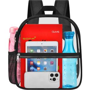Oraben Clear Backpack Stadium Approved, Clear Bag 12 x 6 x 11 in, Small Transparent Backpack for Concerts, Sports Events, Festivals, Waterproof, Adjustable Straps, Women Men (Black)