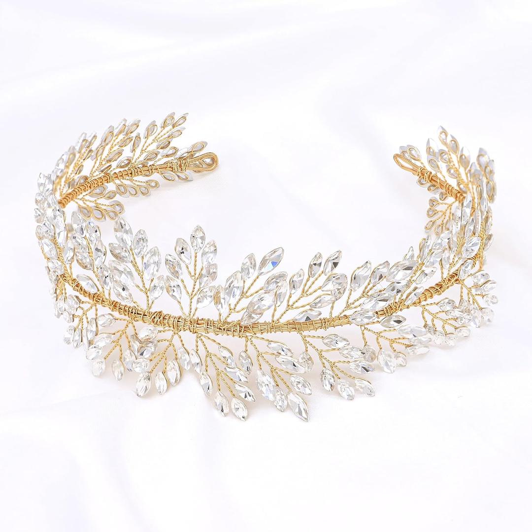 Oriamour Silver Wedding Headbands Crystal Bridal Headpieces For Women Wide Bridal Headbands (Gold)