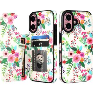 HAOPINSH for iPhone 16 Wallet Case with Card Holder, Colorful Florals Pattern Back Flip Folio PU Leather Kickstand Card Slots Case for Women Girls, Double Magnetic Clasp Shockproof 6.1"