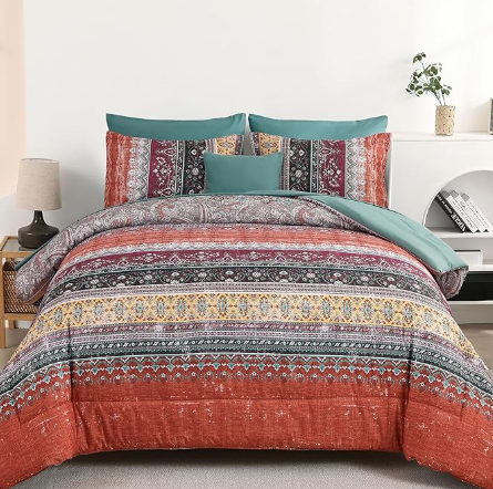 Cottolester Boho Comforter Set King Size 8 Piece Bed in a Bag Bohemian Striped Bedding Quilt Set Aqua Paisley Floral Comforter and Sheet Set,Soft Microfiber Complete Bedding Sets for All Season