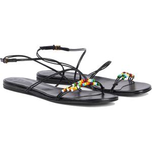 Strappy Flat Sandals for Women Round Open Toe Beaded Ankle Buckle Strap Flats Casual Summer Beach Dress Shoes, Color: Black Size: 8