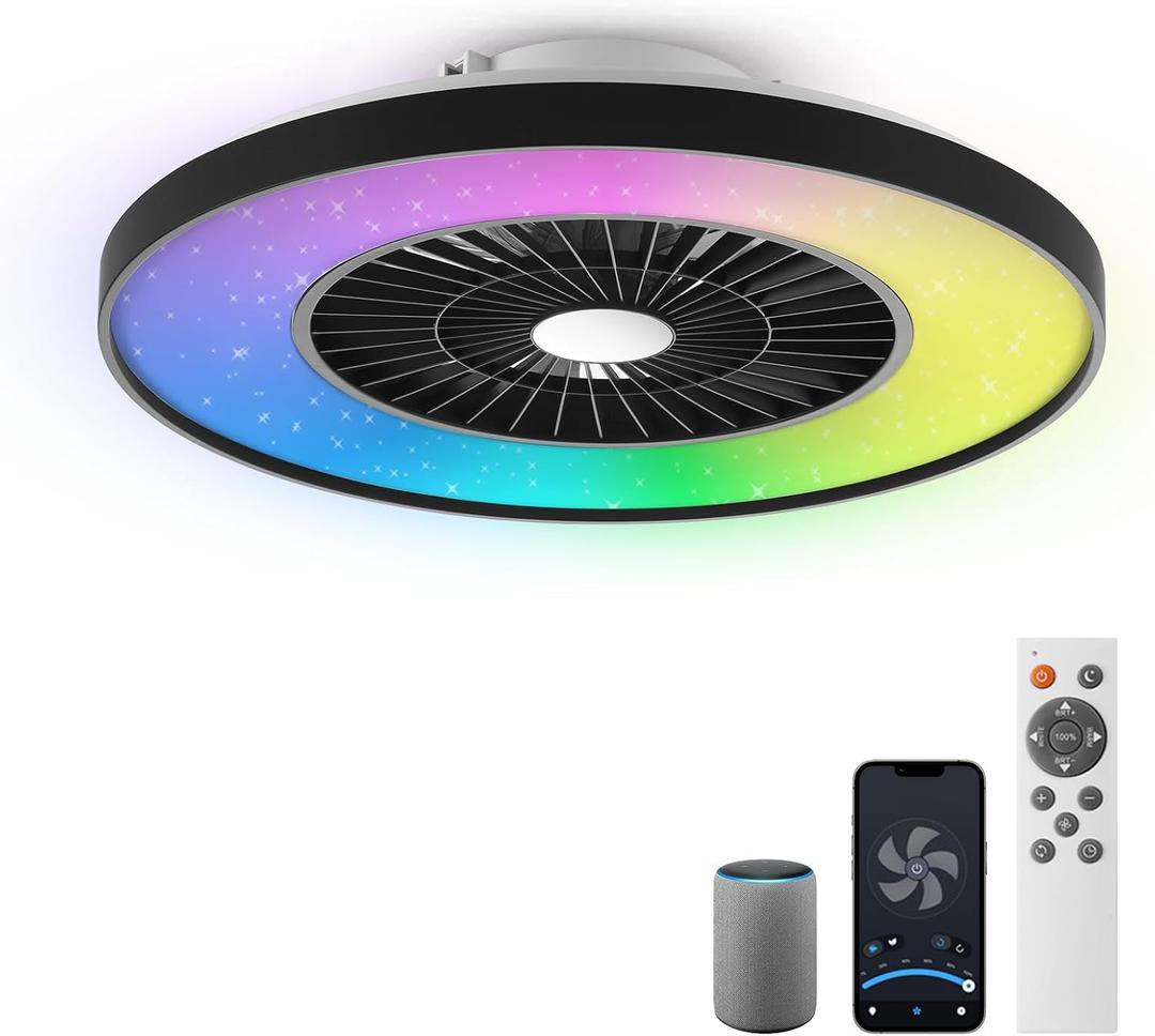 Smart LED Ceiling Light with Fan,RGB Ceiling Fan Lights, Stepless Dimming, 60CM Modern Fan Lighting,Ceiling Fan with RGB Light for Living Room, Dining Room, Bedroom (Black(24" & RGB & Alexa Compatible))